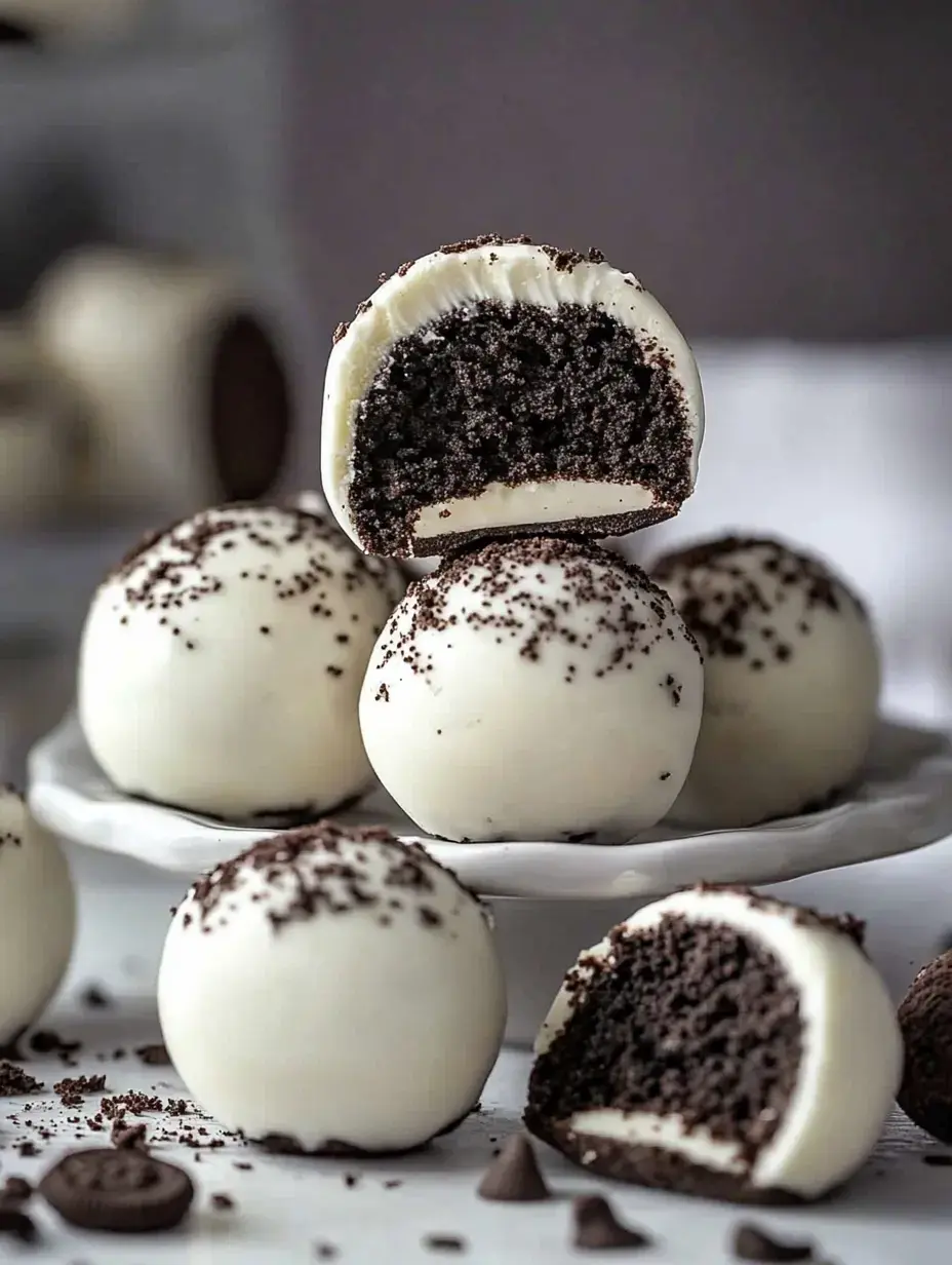 A close-up of white chocolate-covered cake balls, with one cut in half to reveal a dark chocolate filling, garnished with chocolate crumbs.