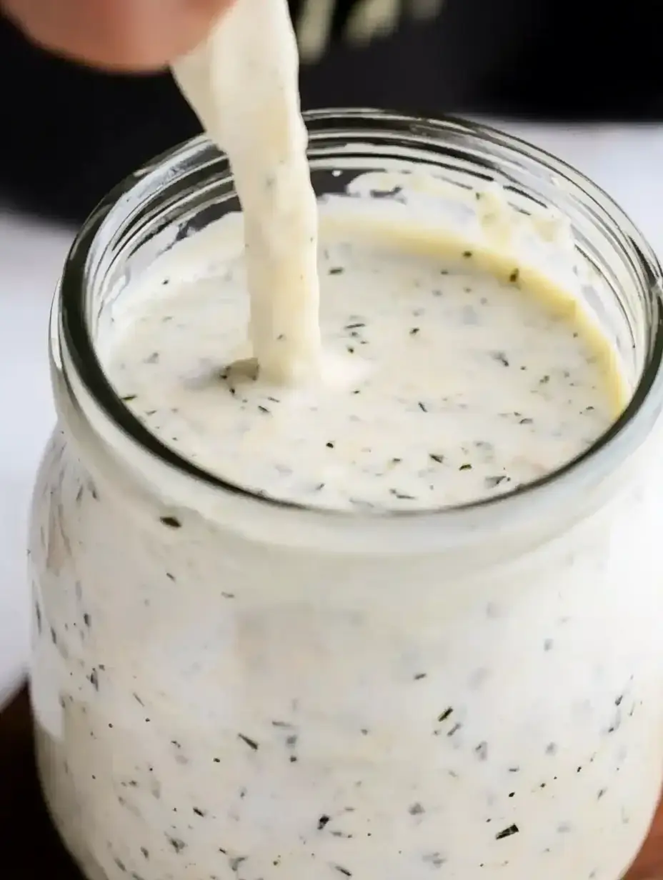 A hand is dipping a stick into a jar filled with creamy, herb-infused dressing.