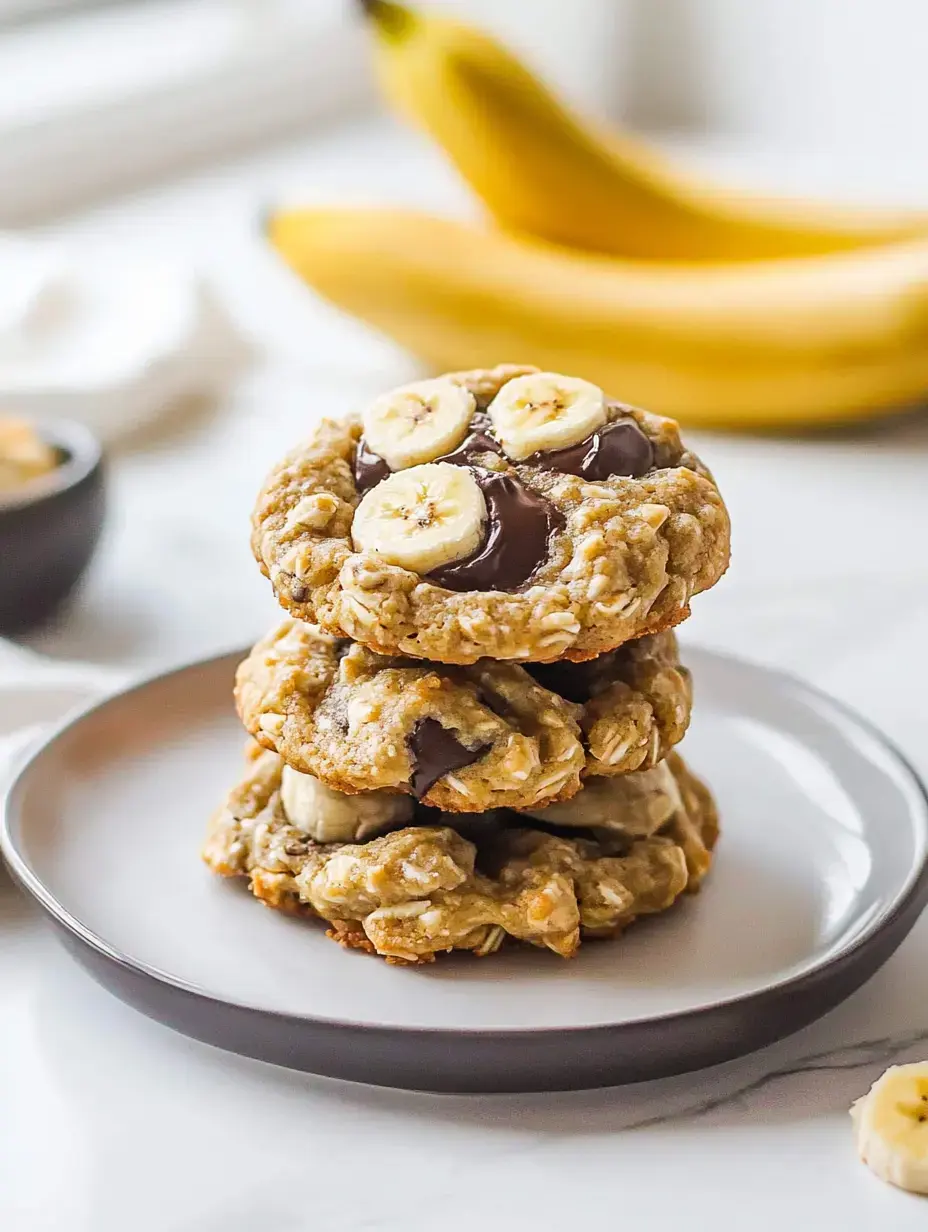 A stack of three banana oat cookies, topped with chocolate chips and banana slices, sits on a round plate with bananas in the background.