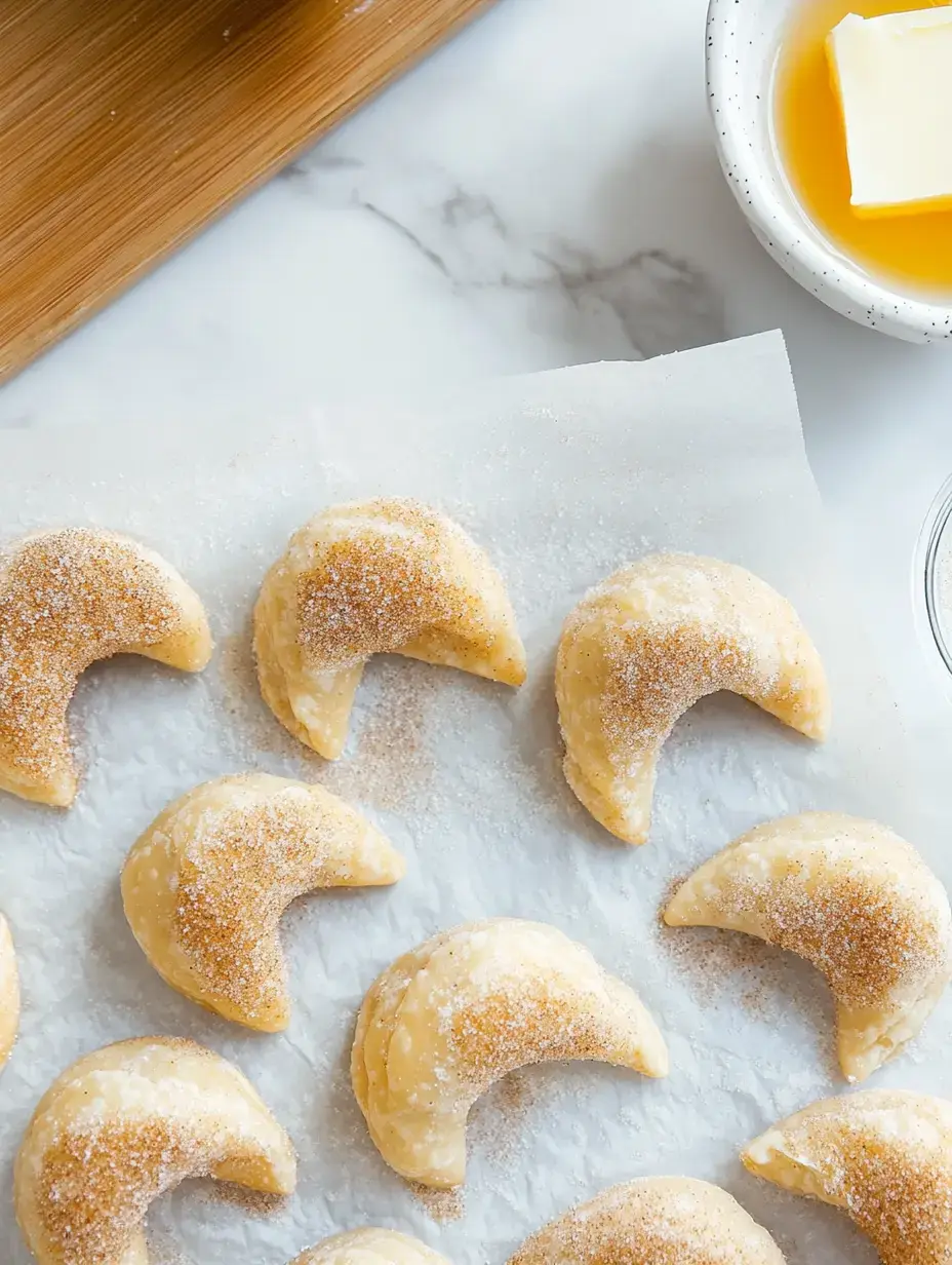 A tray of uncooked crescent-shaped cookies dusted with sugar, surrounded by a bowl of butter and a roll of parchment paper on a marble surface.