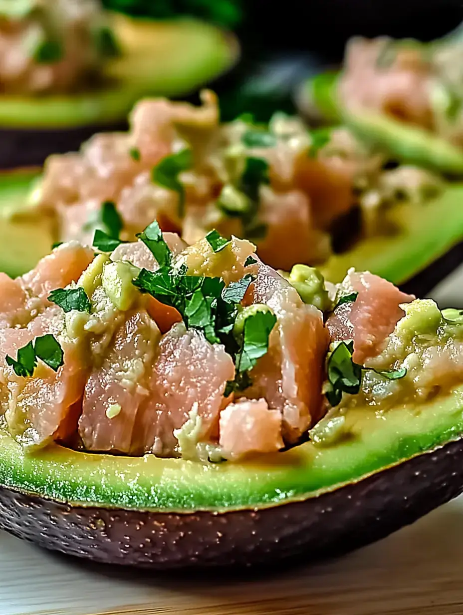 A halved avocado filled with a mixture of diced salmon and cilantro.