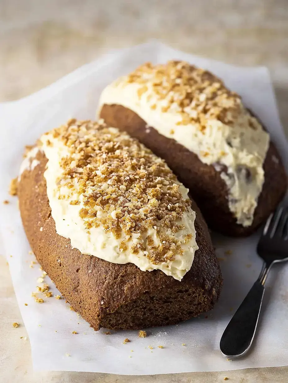 Two loaves of cake topped with creamy frosting and sprinkled with crushed nuts, resting on parchment paper.