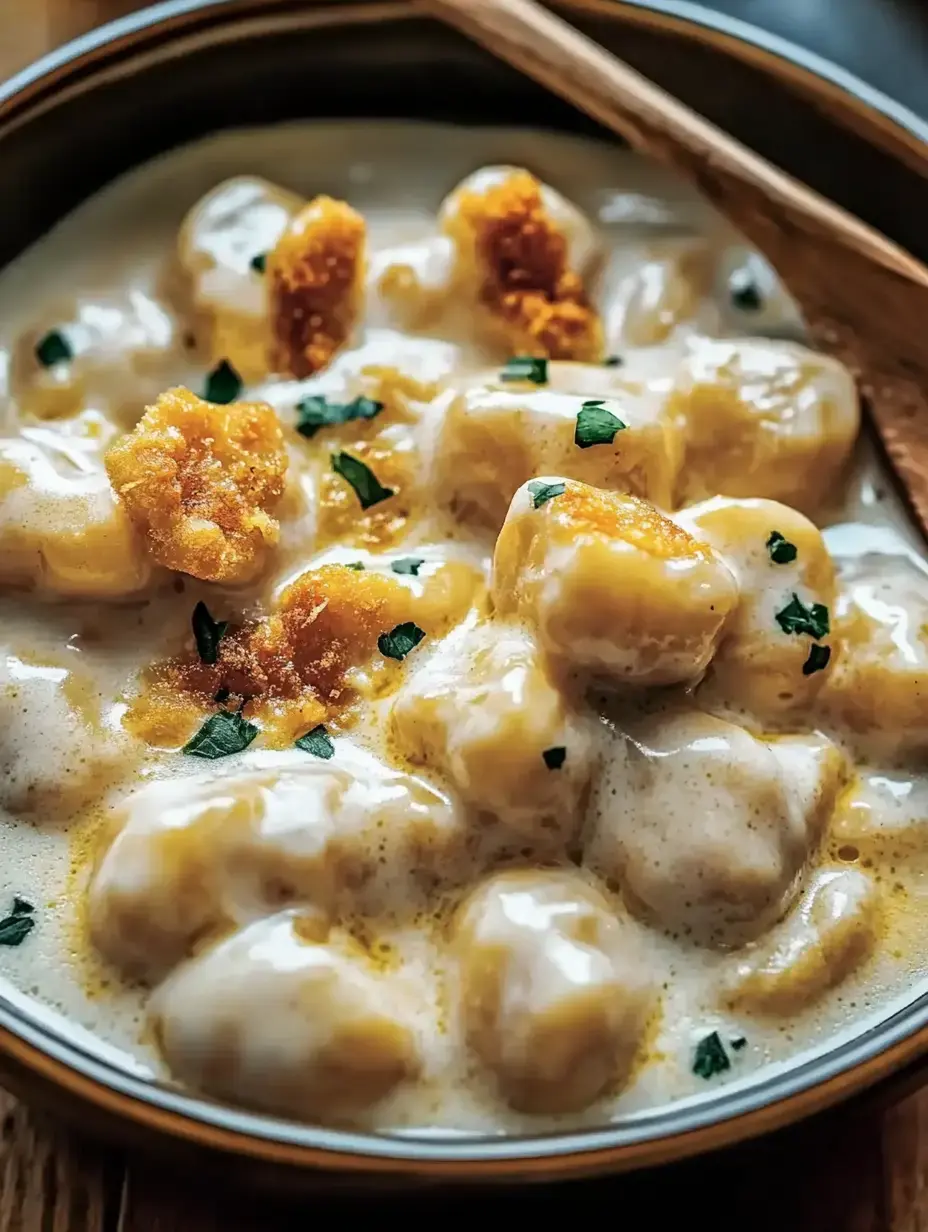 A bowl of creamy gnocchi topped with crispy pieces and garnished with parsley.