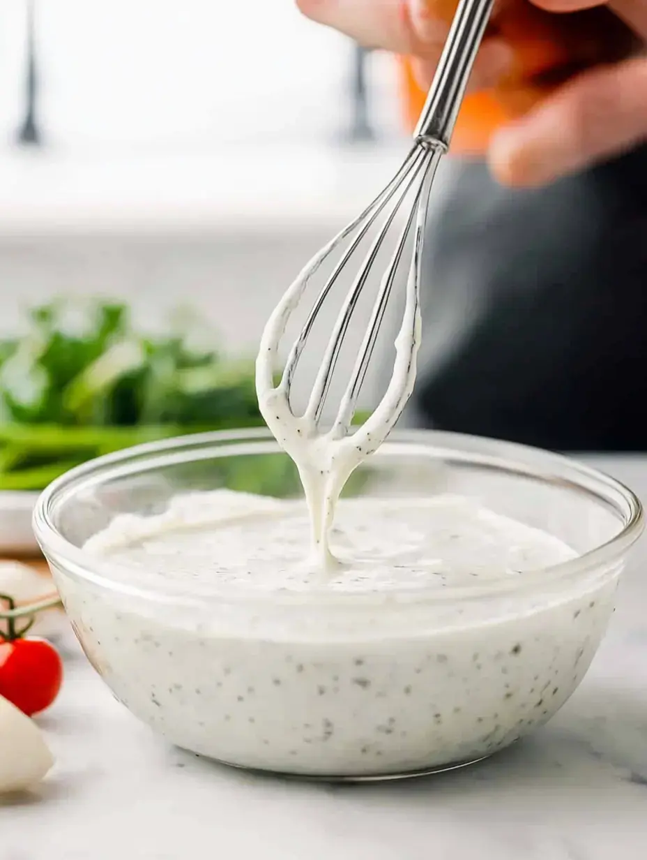 A whisk is shown lifting creamy dressing from a glass bowl, with fresh vegetables in the background.