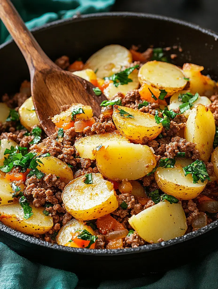 A skillet filled with seasoned ground beef, sliced potatoes, and chopped herbs, garnished with colorful bell peppers and onions.