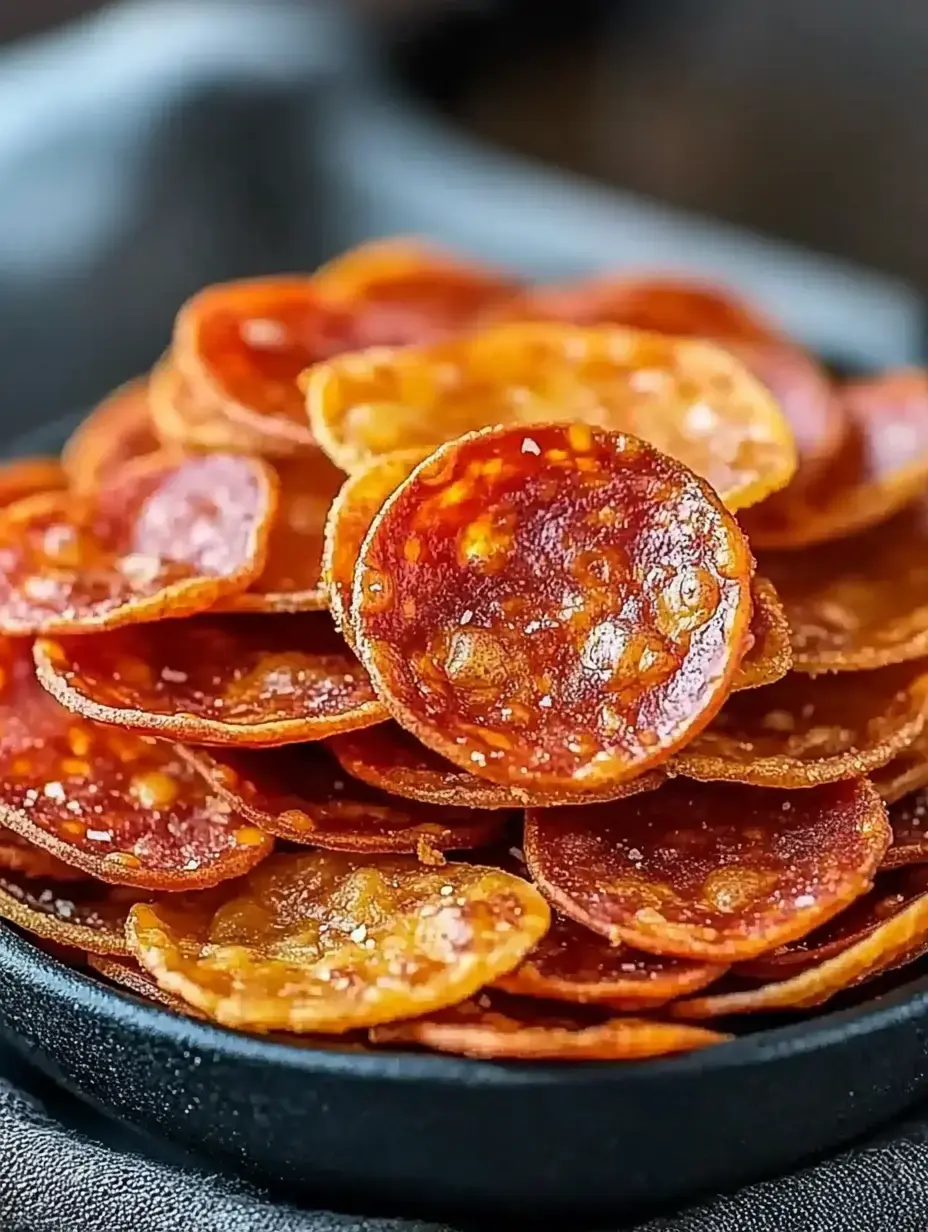 A close-up of a black bowl filled with crispy, round slices of pepperoni.