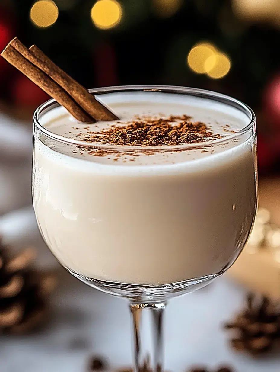 A creamy beverage topped with cinnamon and two cinnamon sticks, set against a blurred festive background.