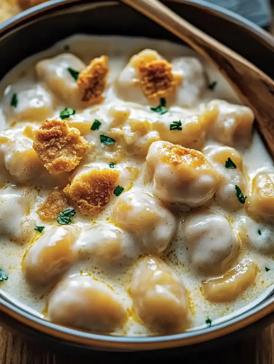 A close-up view of a bowl of creamy gnocchi topped with crispy bits and parsley.