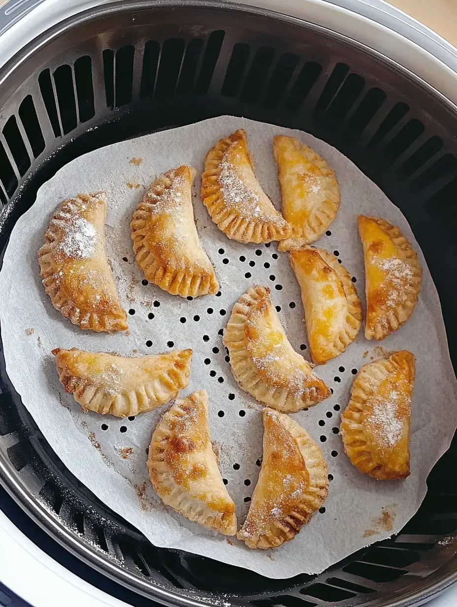 A batch of golden-brown pastries is arranged on parchment paper inside an air fryer basket.