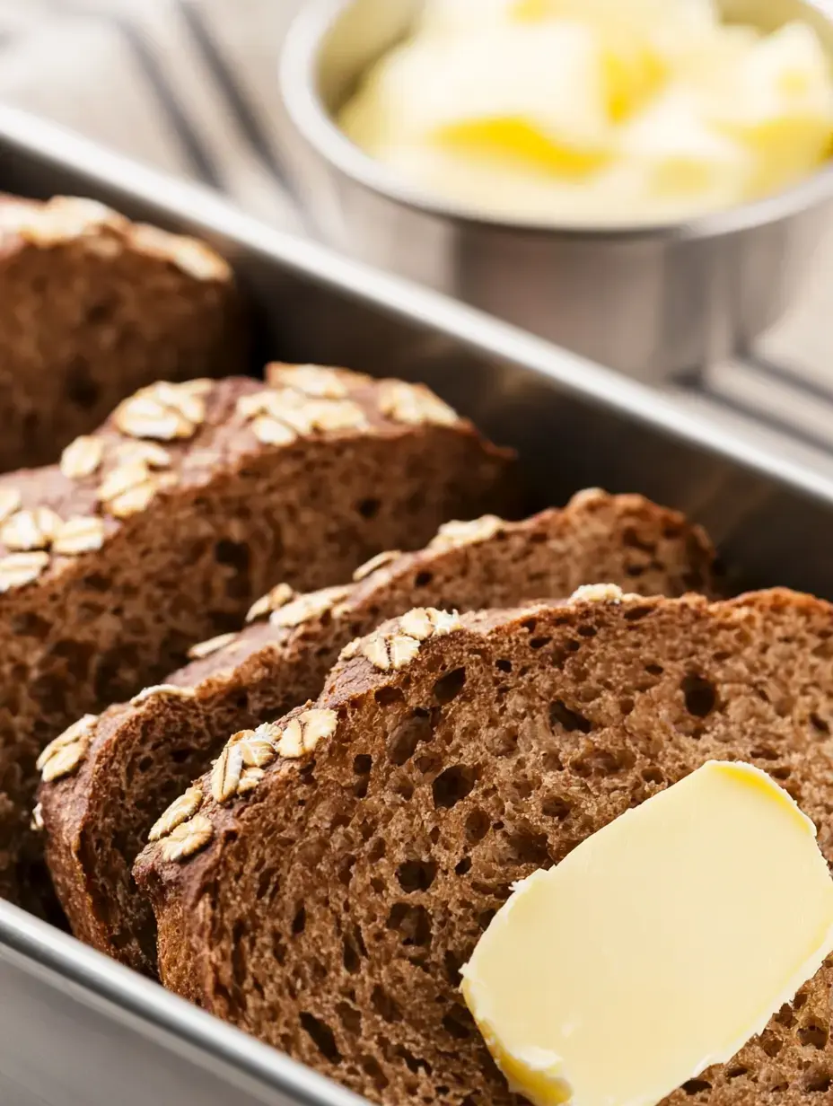 Sliced brown bread with oats on top and a pat of butter rests in a metal tray, with a small bowl of butter in the background.