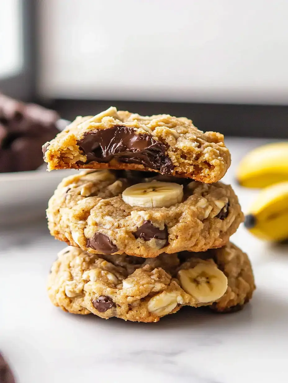 A stack of three banana chocolate chip cookies, with the top cookie partially bitten, revealing melted chocolate inside.