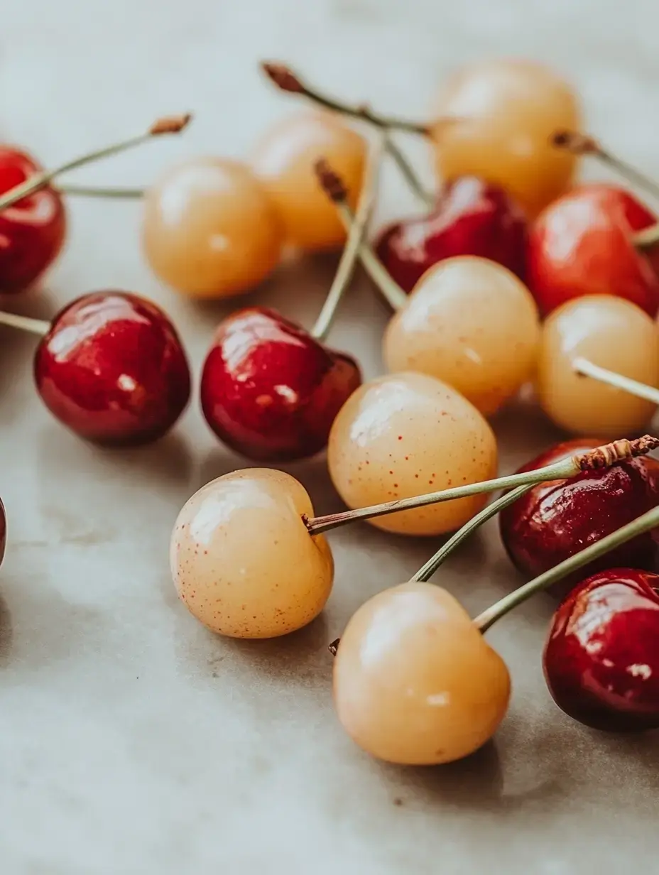 A close-up image of red and yellow cherries arranged on a light surface.