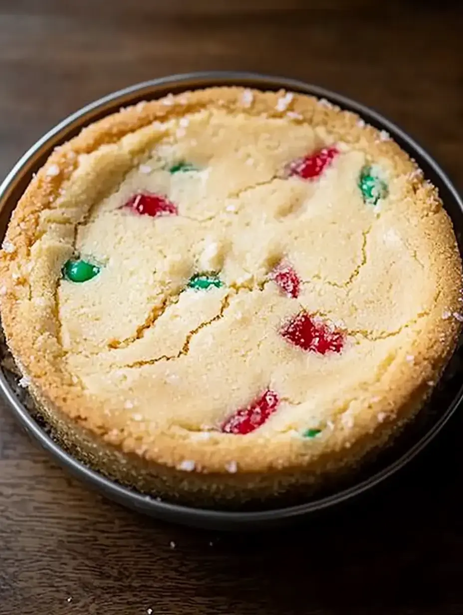 A round, festive cookie cake featuring red and green candy pieces on a light golden crust.