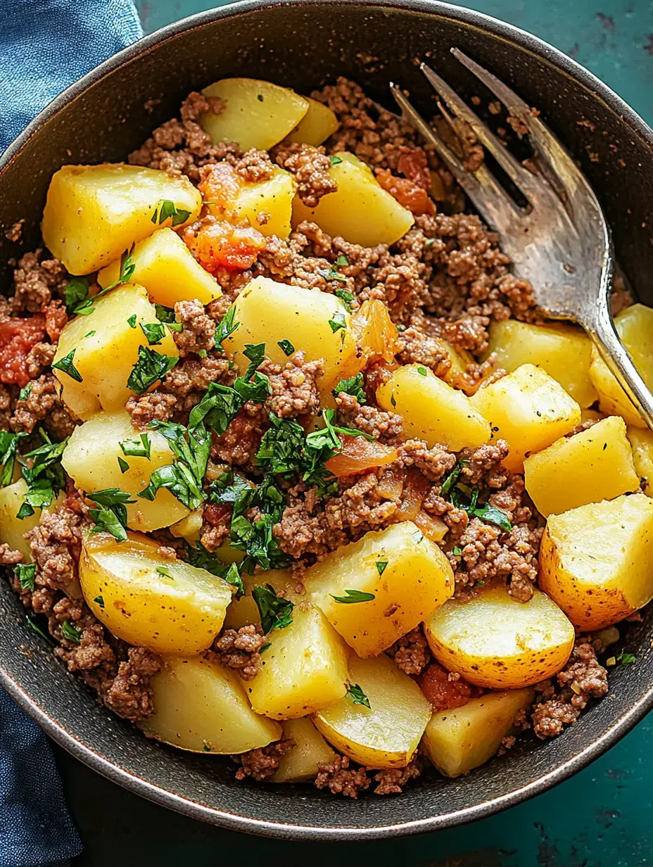 A bowl of seasoned ground beef mixed with tender potatoes and garnished with chopped parsley.