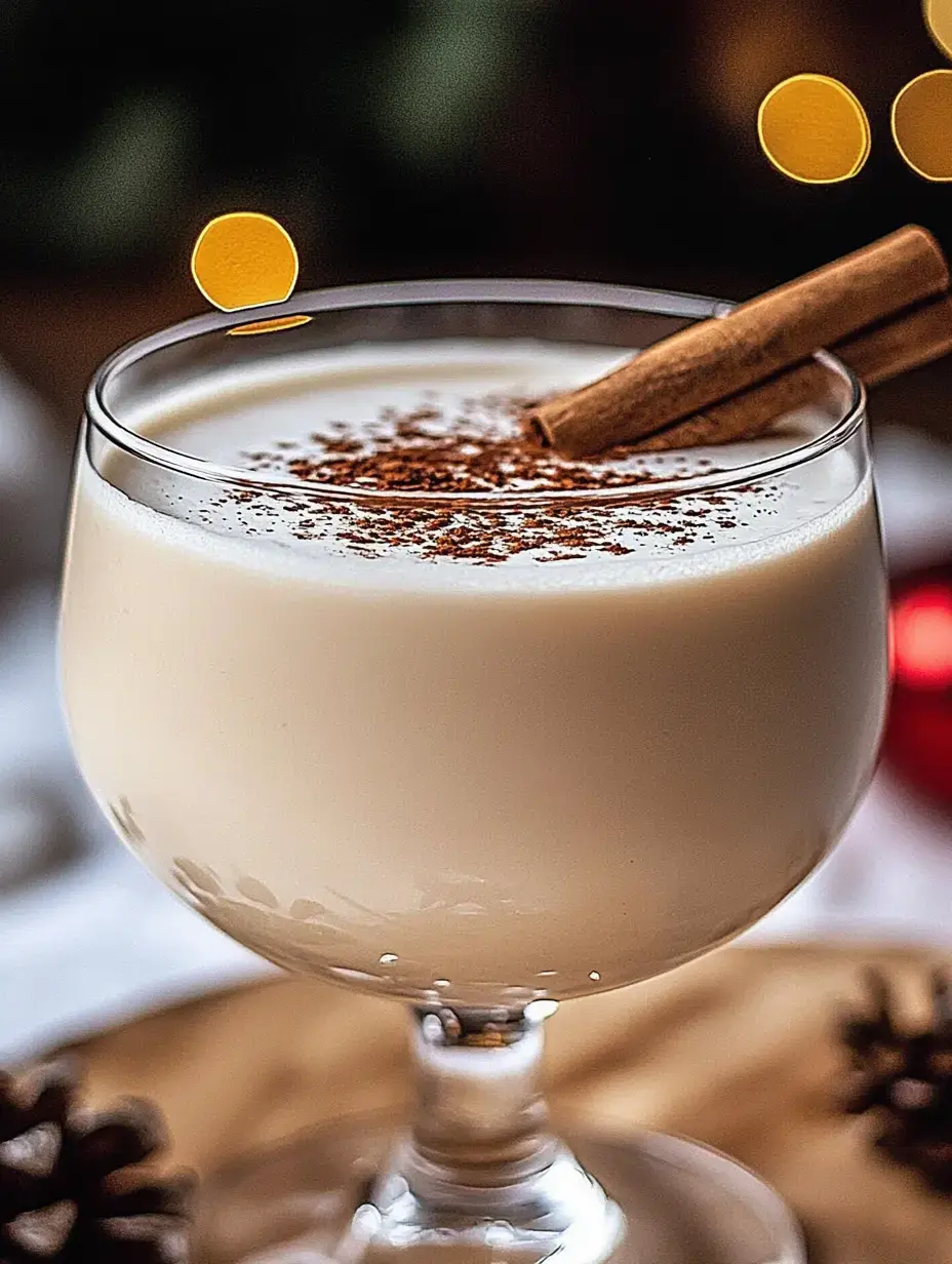 A glass of creamy beverage garnished with a cinnamon stick and a sprinkle of nutmeg, set against a warm holiday background.