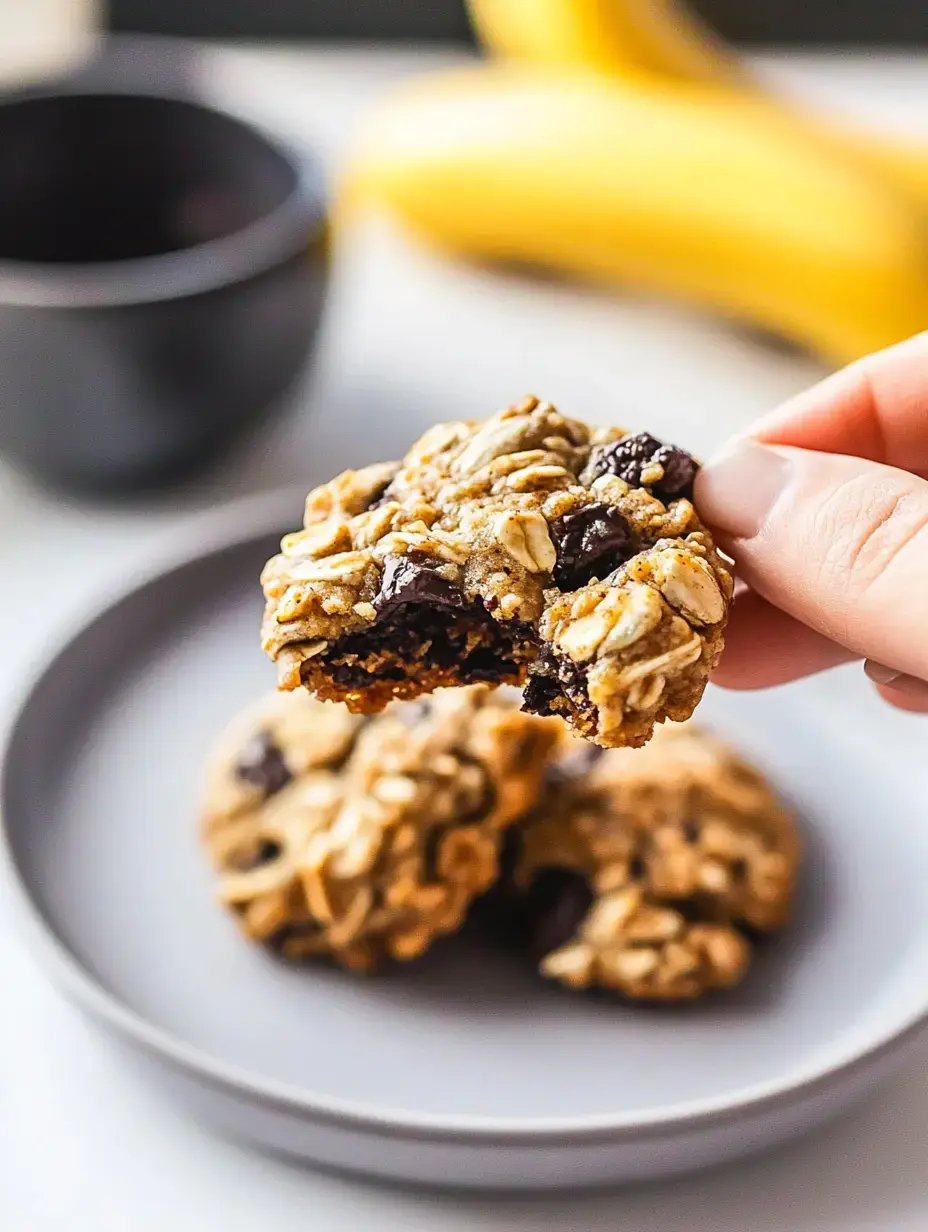 A hand holds a half-eaten oatmeal chocolate chip cookie above a gray plate with more cookies, while bananas are visible in the background.