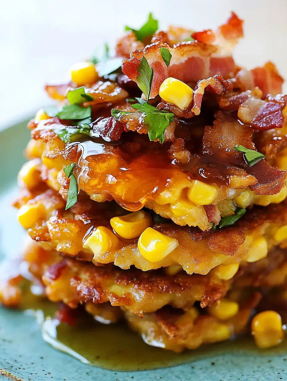 A stack of crispy corn and bacon fritters drizzled with syrup and garnished with fresh parsley.