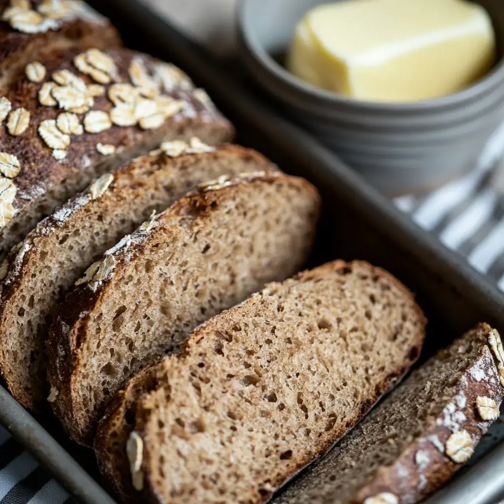 A slice of whole grain bread with oats is served in a tray alongside a small bowl of butter.