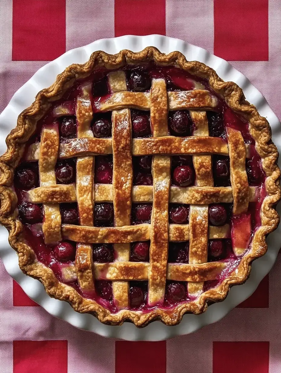 A freshly baked cherry pie with a lattice crust, sitting on a red and white checkered tablecloth.