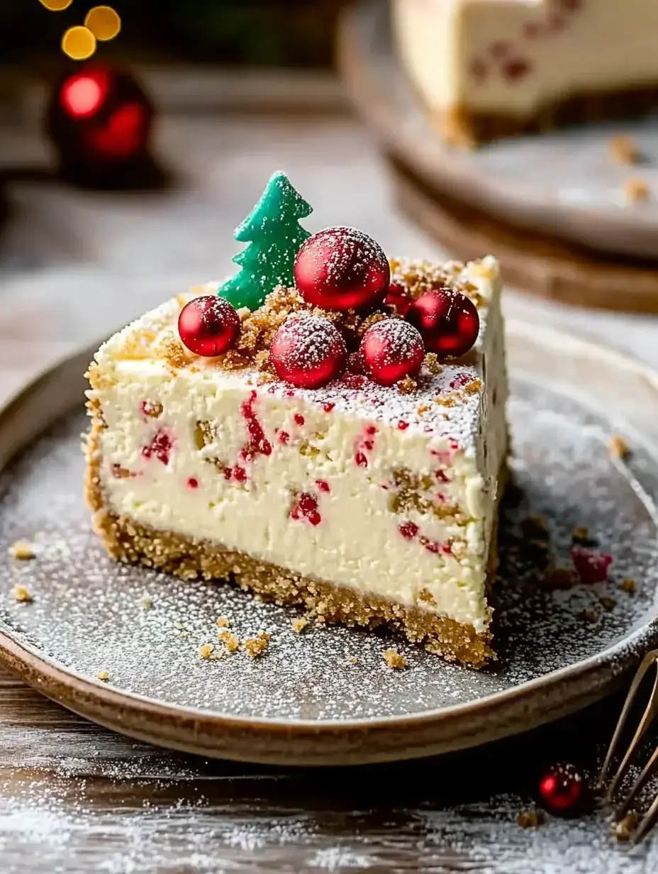 A slice of festive cheesecake adorned with a green chocolate tree and red ornaments on a plate, dusted with powdered sugar.