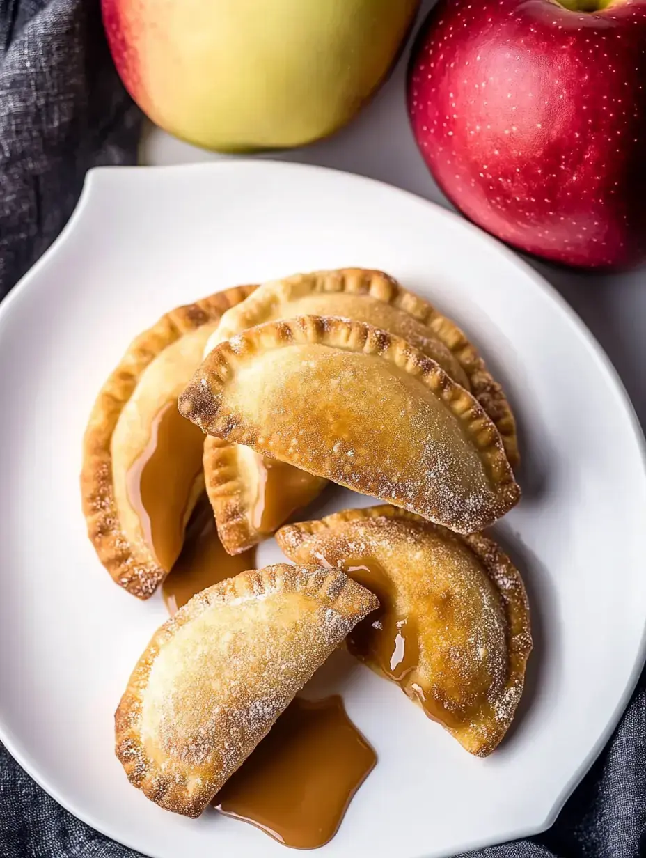 A plate of golden-brown apple-filled pastries drizzled with caramel sauce, accompanied by fresh apples.