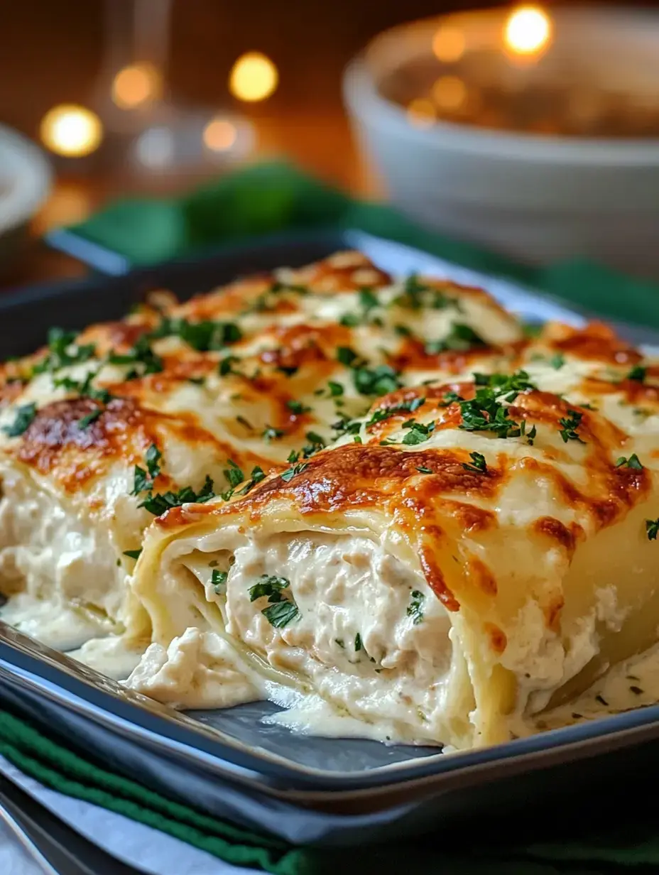 A plated dish of creamy chicken cannelloni topped with melted cheese and fresh parsley, served on a dark-gray dish with a soft-focus background.