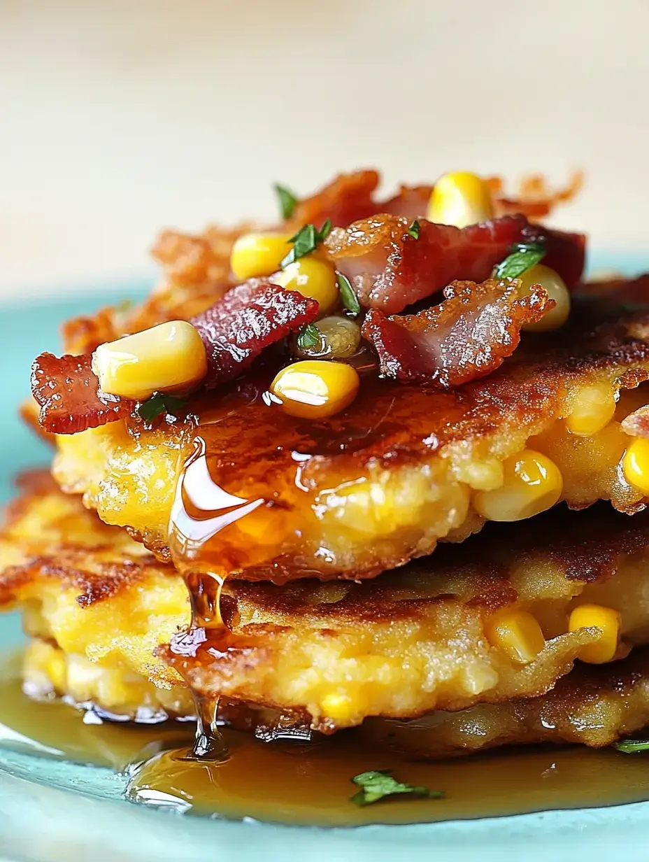 A close-up of stacked corn fritters topped with crispy bacon, corn kernels, and drizzled with syrup on a turquoise plate.