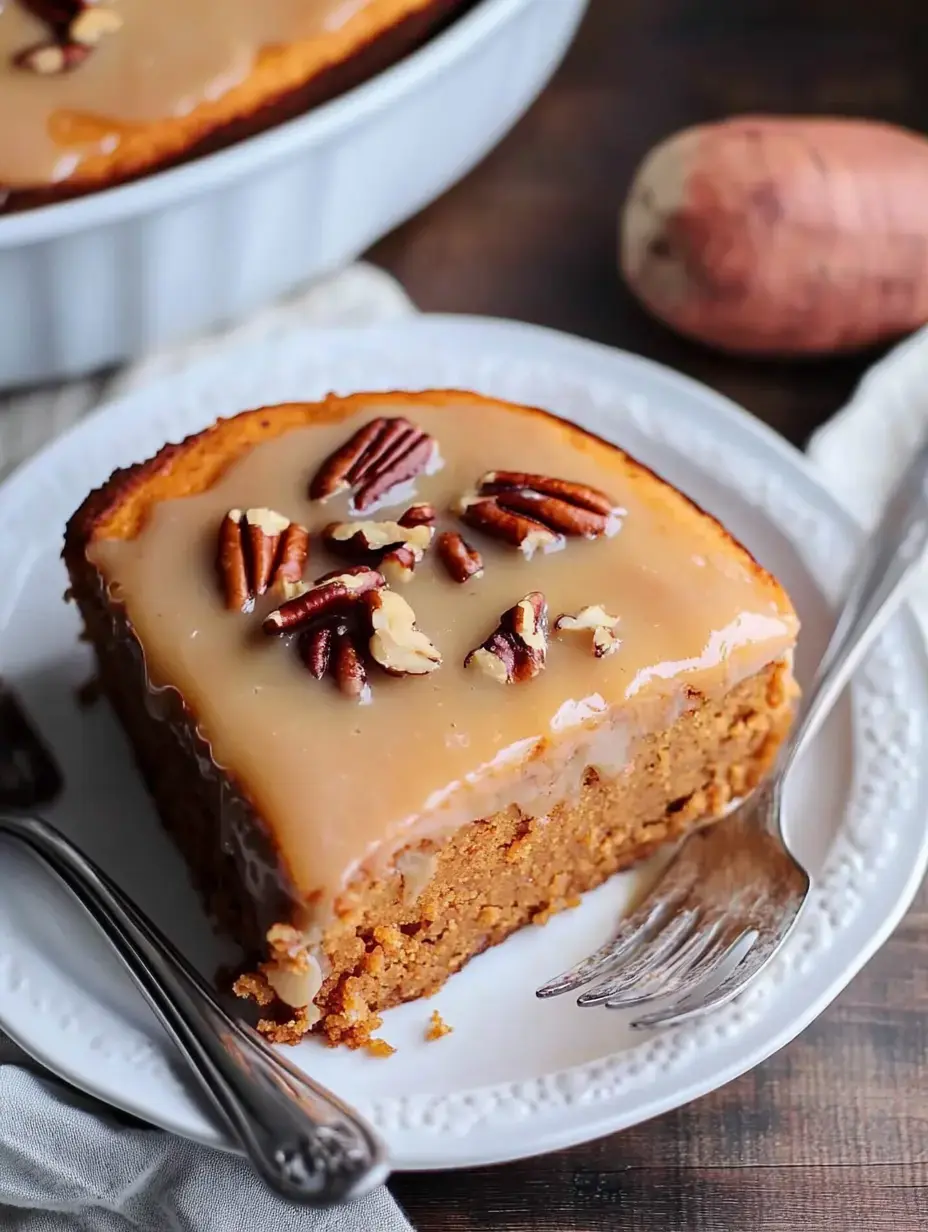 A slice of sweet potato cake topped with brown sugar glaze and chopped pecans, served on a decorative white plate.