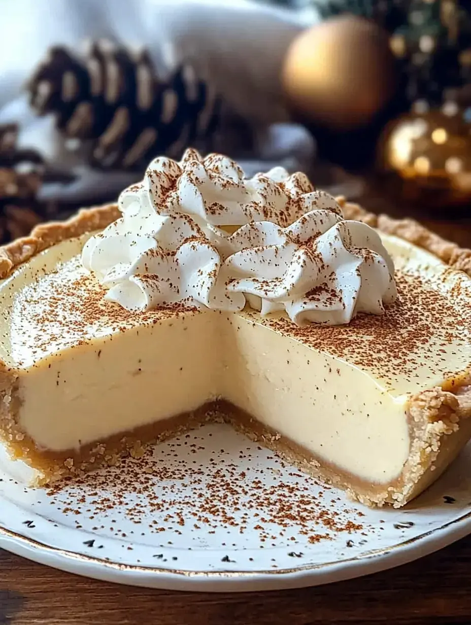 A slice of creamy pie topped with whipped cream and cocoa powder is displayed on a decorative plate, with pinecones and holiday ornaments in the background.