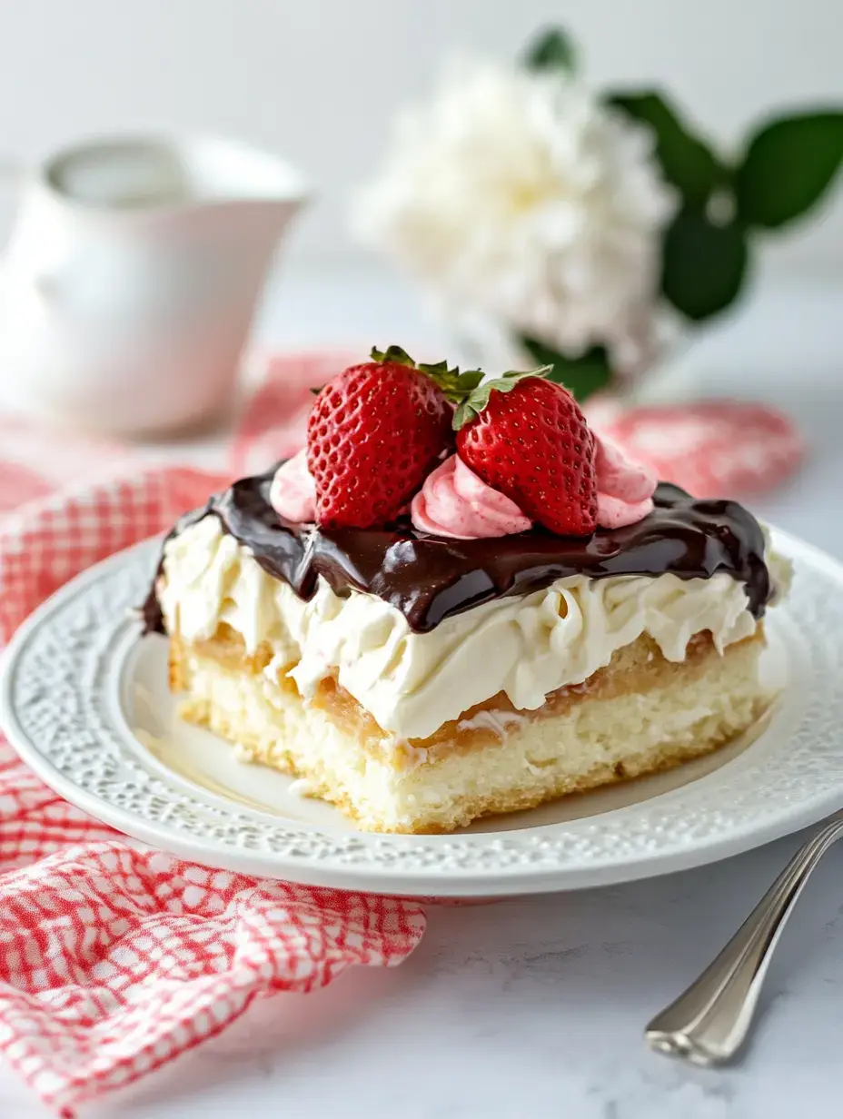 A slice of layered cake topped with chocolate ganache, whipped cream, and fresh strawberries, served on a decorative plate with a checked napkin.