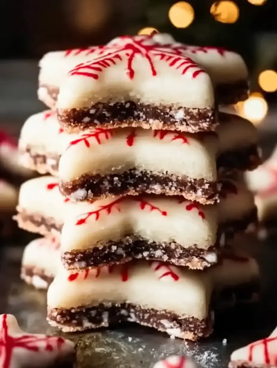 A stacked arrangement of star-shaped cookies with a white icing top and red snowflake designs, revealing a chocolate layer inside.