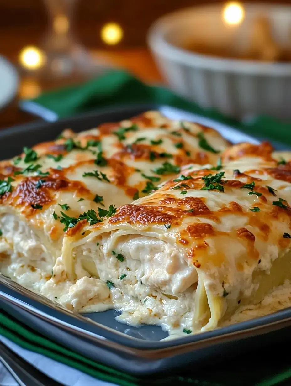 A close-up of a pan of creamy chicken lasagna garnished with parsley and melted cheese.