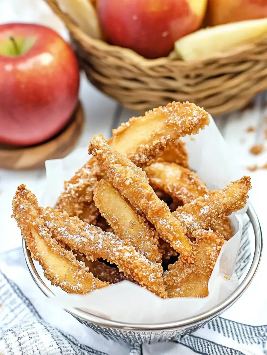 A bowl of crispy, sugar-dusted apple fritters is placed next to fresh apples in a basket.