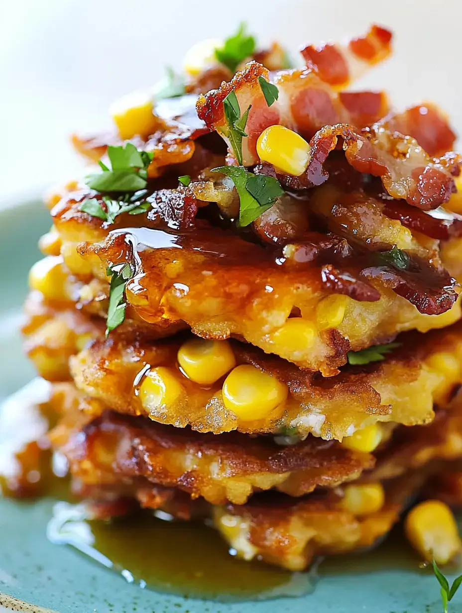 A close-up image of stacked corn fritters topped with crispy bacon, parsley, and a drizzle of syrup.