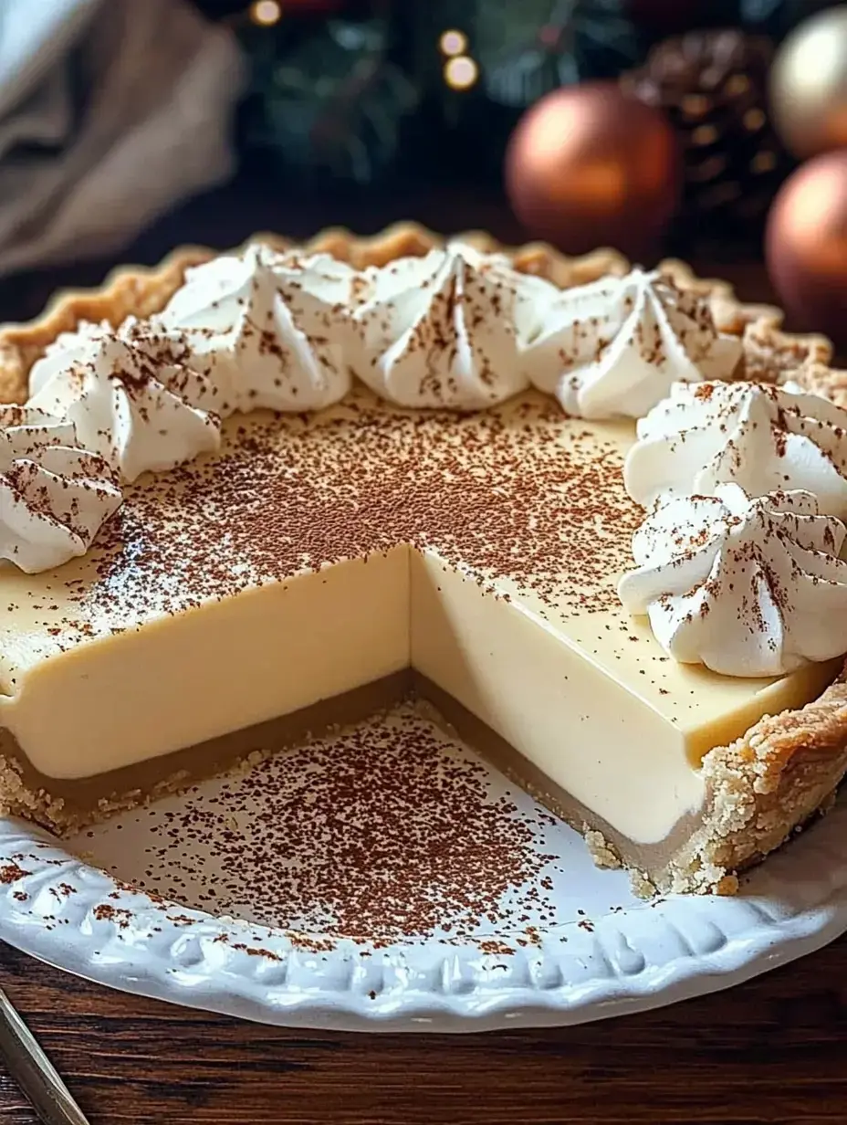 A creamy pie with a golden crust, topped with whipped cream and a dusting of cocoa, has a slice removed, revealing its filling.