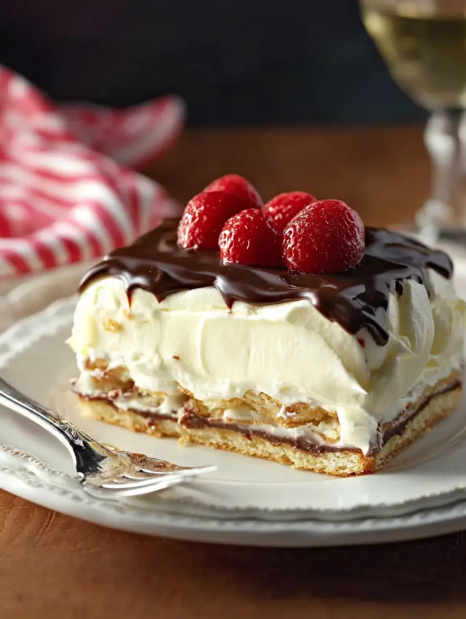 A slice of layered dessert topped with chocolate and raspberries on a decorative plate.