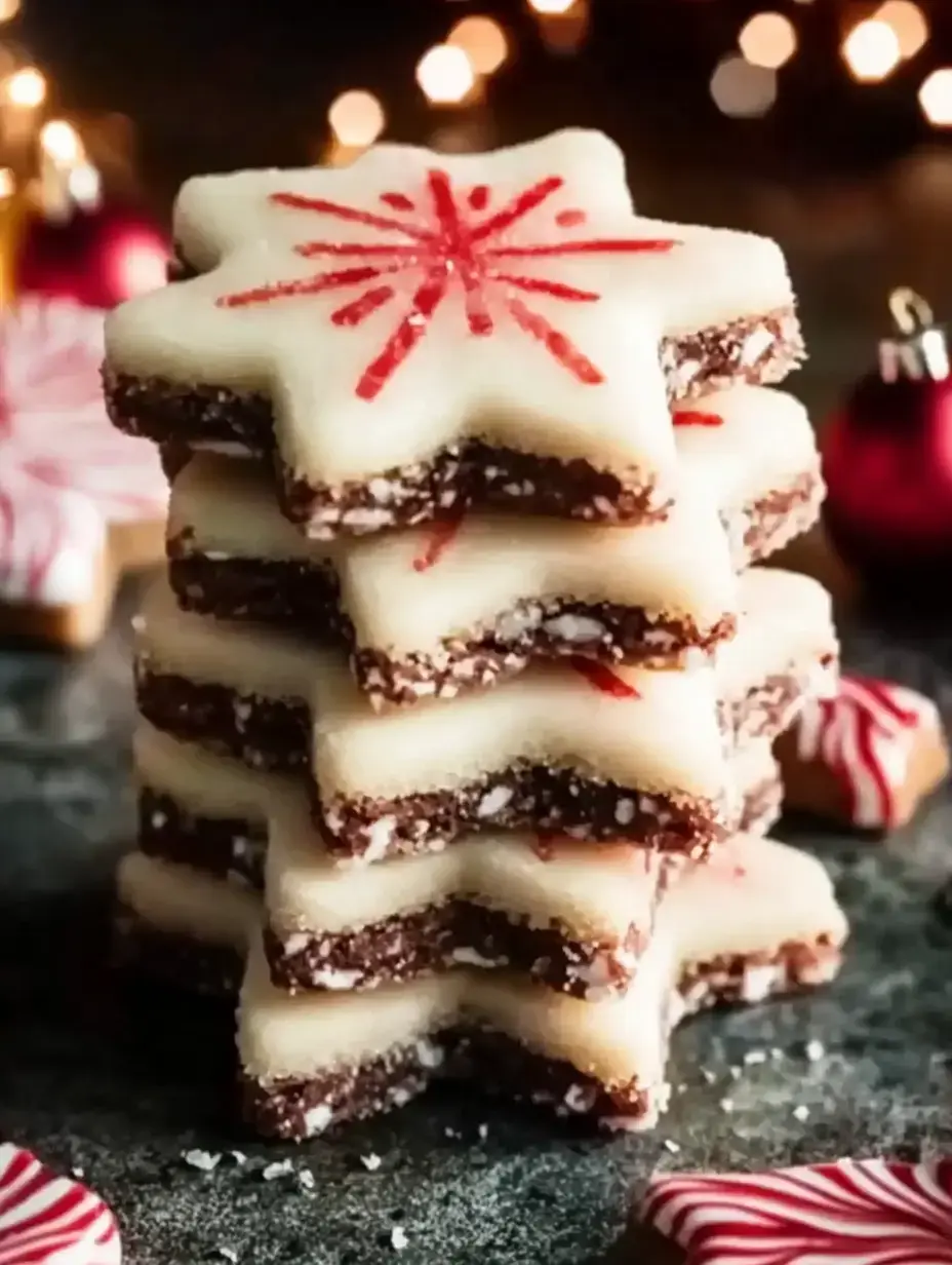 A stack of star-shaped holiday cookies with red icing decorations rests on a dark surface, surrounded by festive decorations.