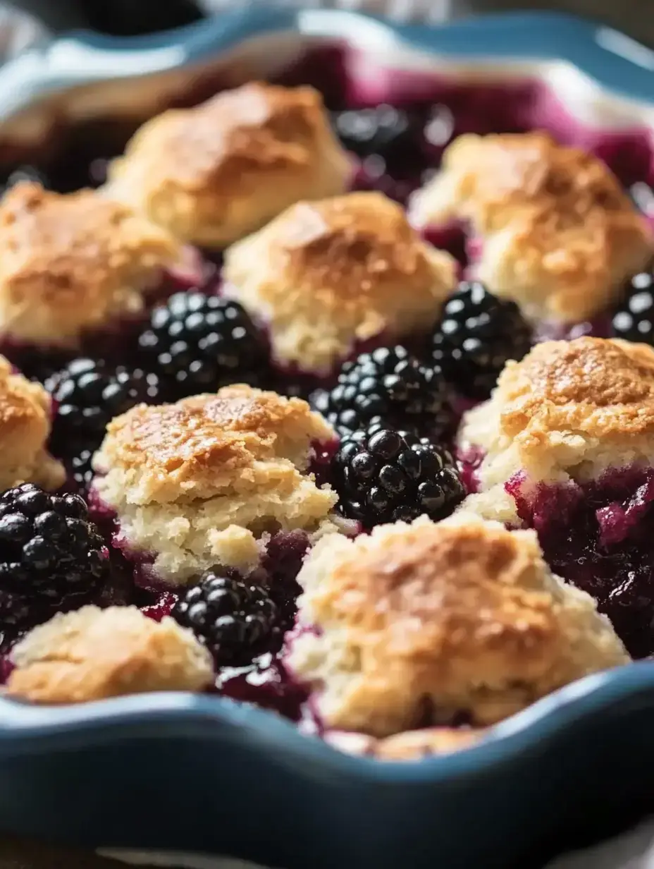 A close-up of a blackberry cobbler with golden biscuit toppings in a blue baking dish.