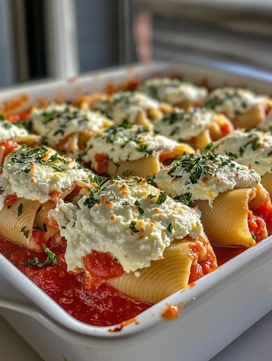 A close-up view of a dish of stuffed pasta shells topped with ricotta cheese and herbs, placed in a baking dish with tomato sauce.