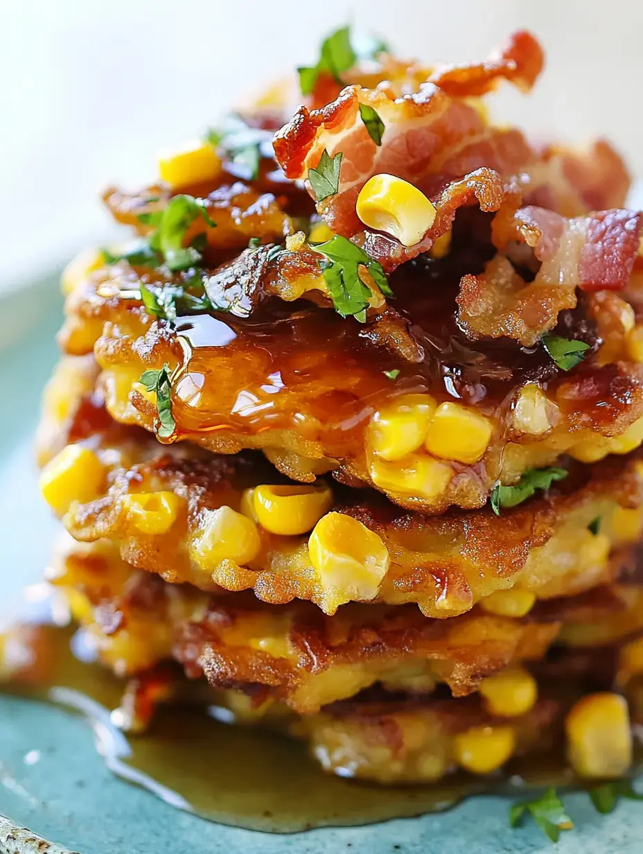 A stack of golden corn fritters topped with crispy bacon, garnished with chopped herbs, and drizzled with syrup on a blue plate.