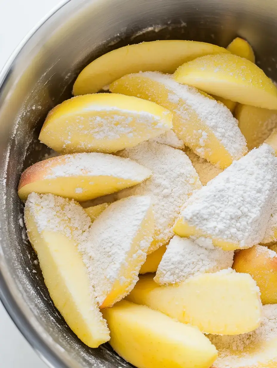 Slices of yellow apples are coated with a layer of powdered sugar in a metal bowl.