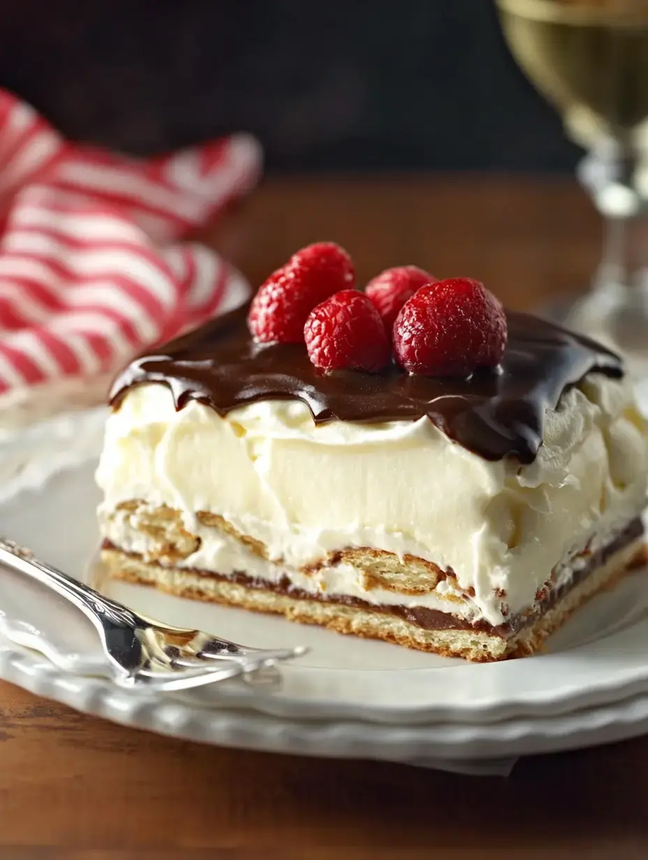 A slice of layered dessert topped with chocolate ganache and fresh raspberries is served on a decorative plate.