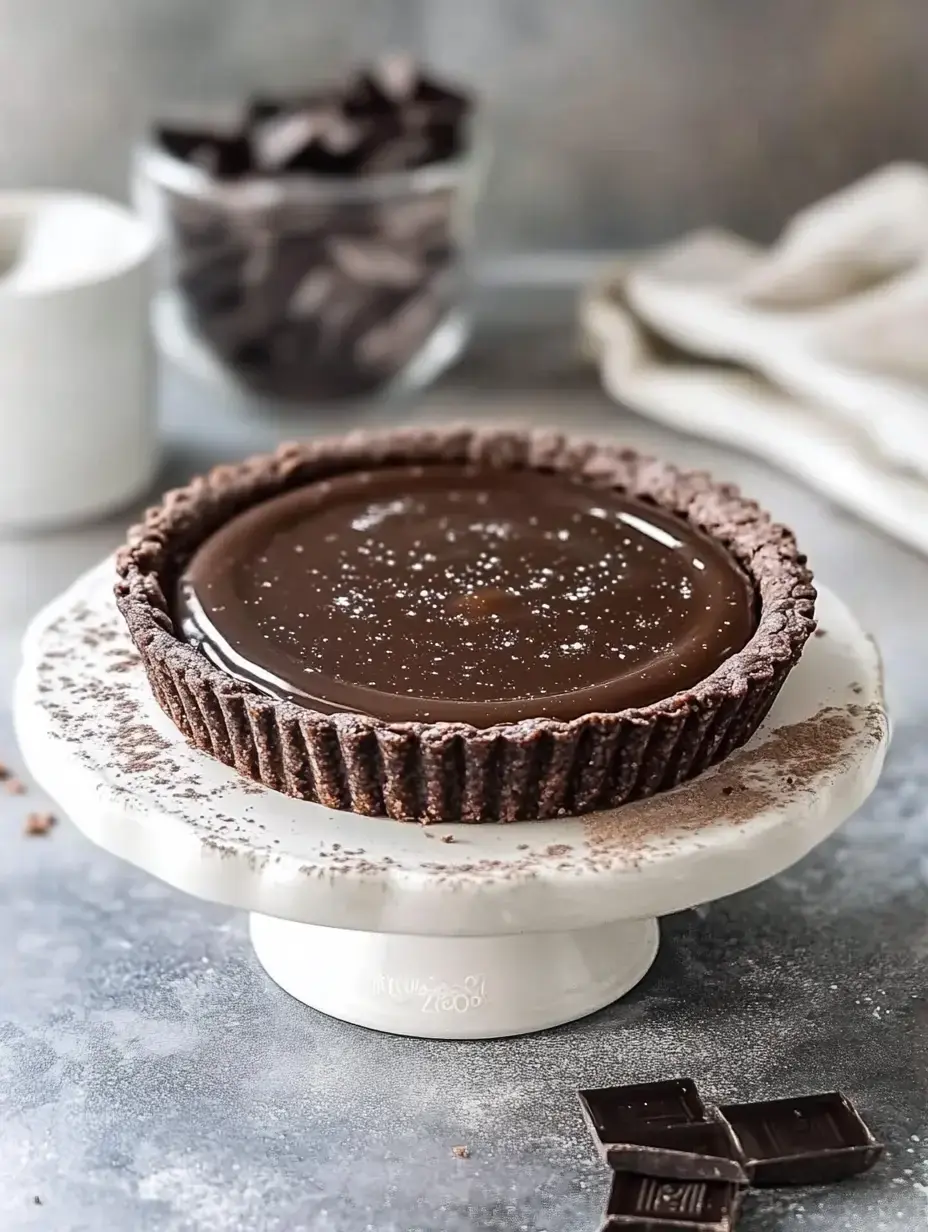 A chocolate tart sits on a white pedestal, topped with a glossy ganache and sprinkled with sea salt, surrounded by chocolate pieces and a soft cloth in a muted background.