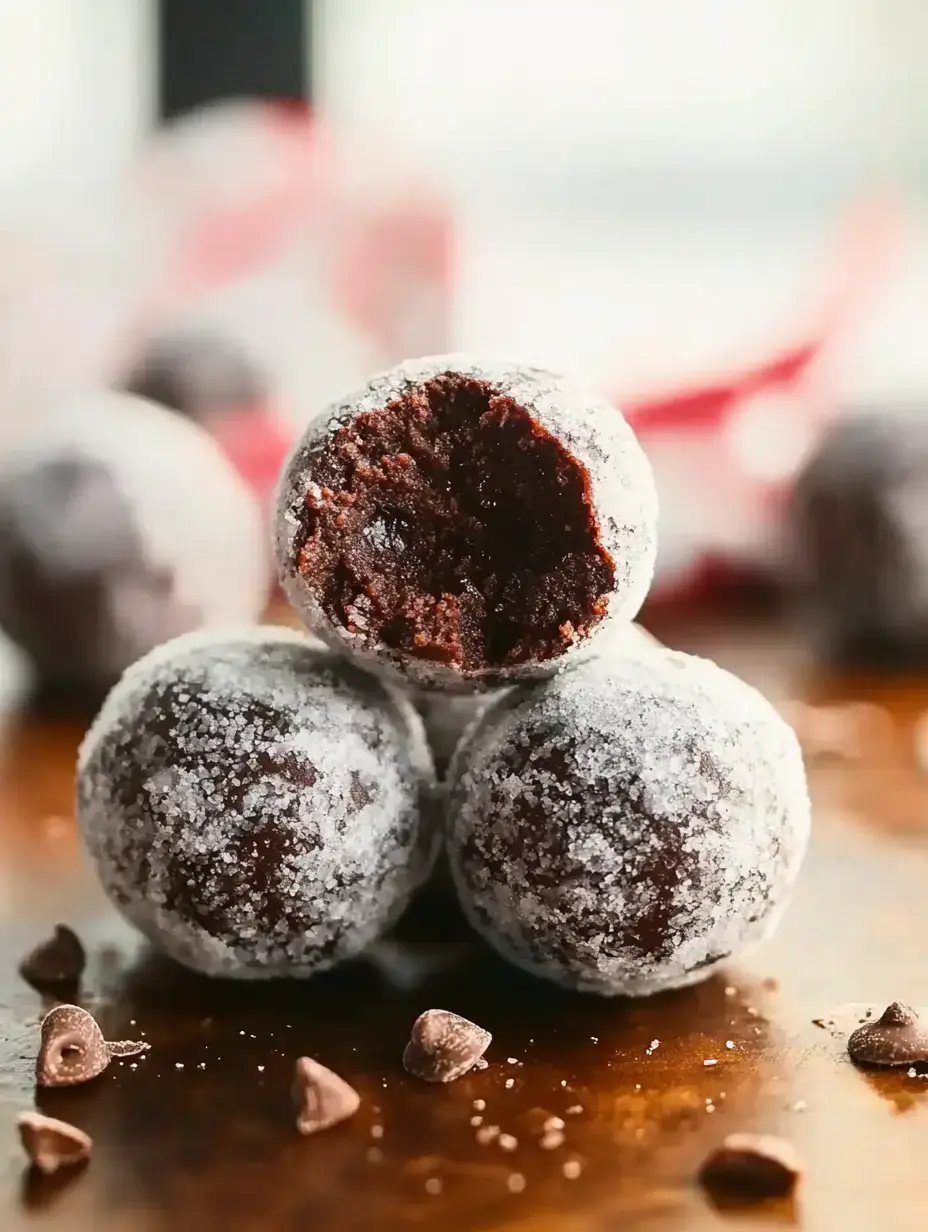 Three chocolate energy balls dusted with powdered sugar, one with a bite taken out, surrounded by chocolate chips on a wooden surface.