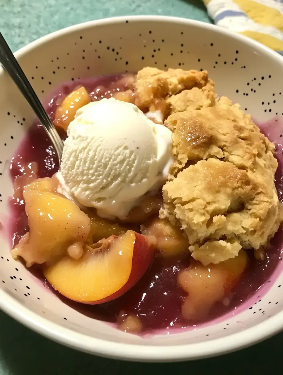 A bowl of fruit cobbler topped with a scoop of vanilla ice cream, featuring slices of peaches and a purple berry sauce.