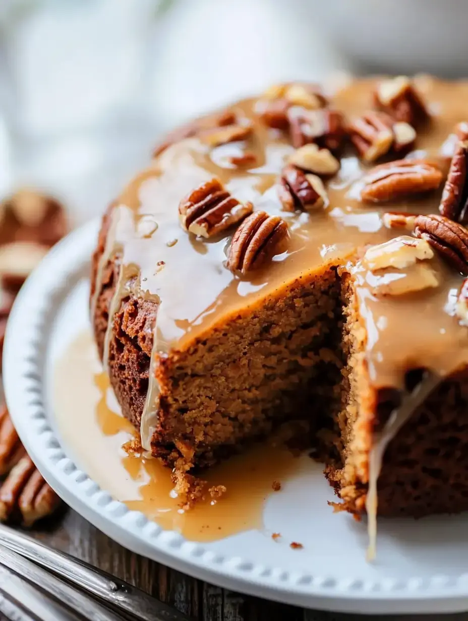 A freshly baked cake topped with caramel glaze and pecans, with a slice cut out, sits on a decorative white plate.