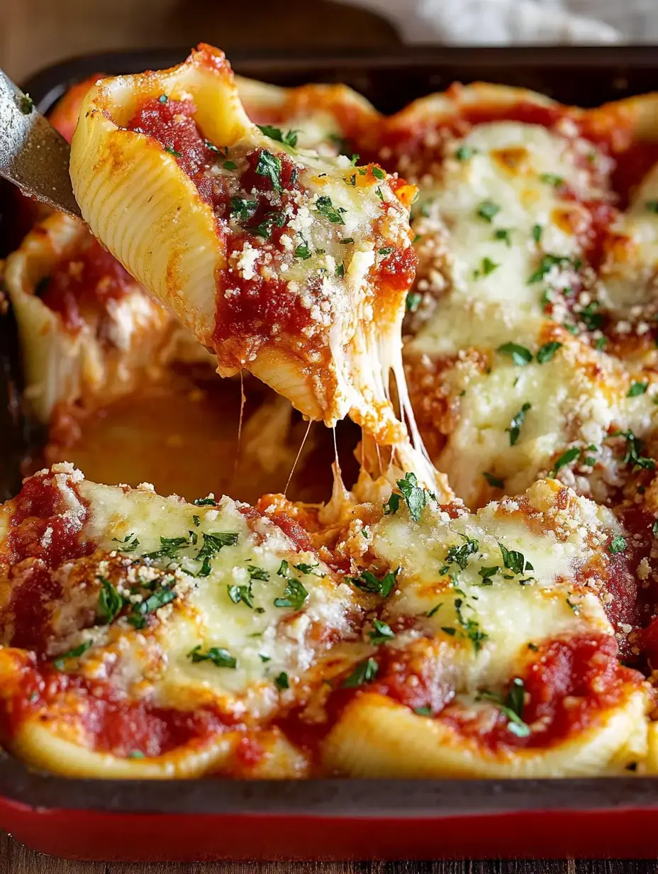 A close-up view of stuffed pasta shells topped with melted cheese and parsley, being lifted from a baking dish with a spatula.