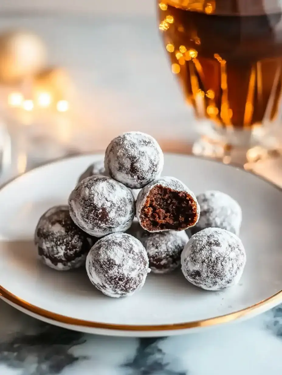 A plate of chocolate truffles dusted with powdered sugar, with one truffle partially bitten to reveal its soft interior, and a glass of dark beverage in the background.