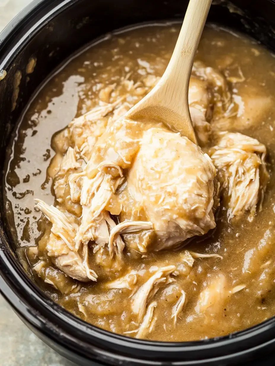 A wooden spoon stirs shredded chicken in a thick, brown sauce inside a slow cooker.