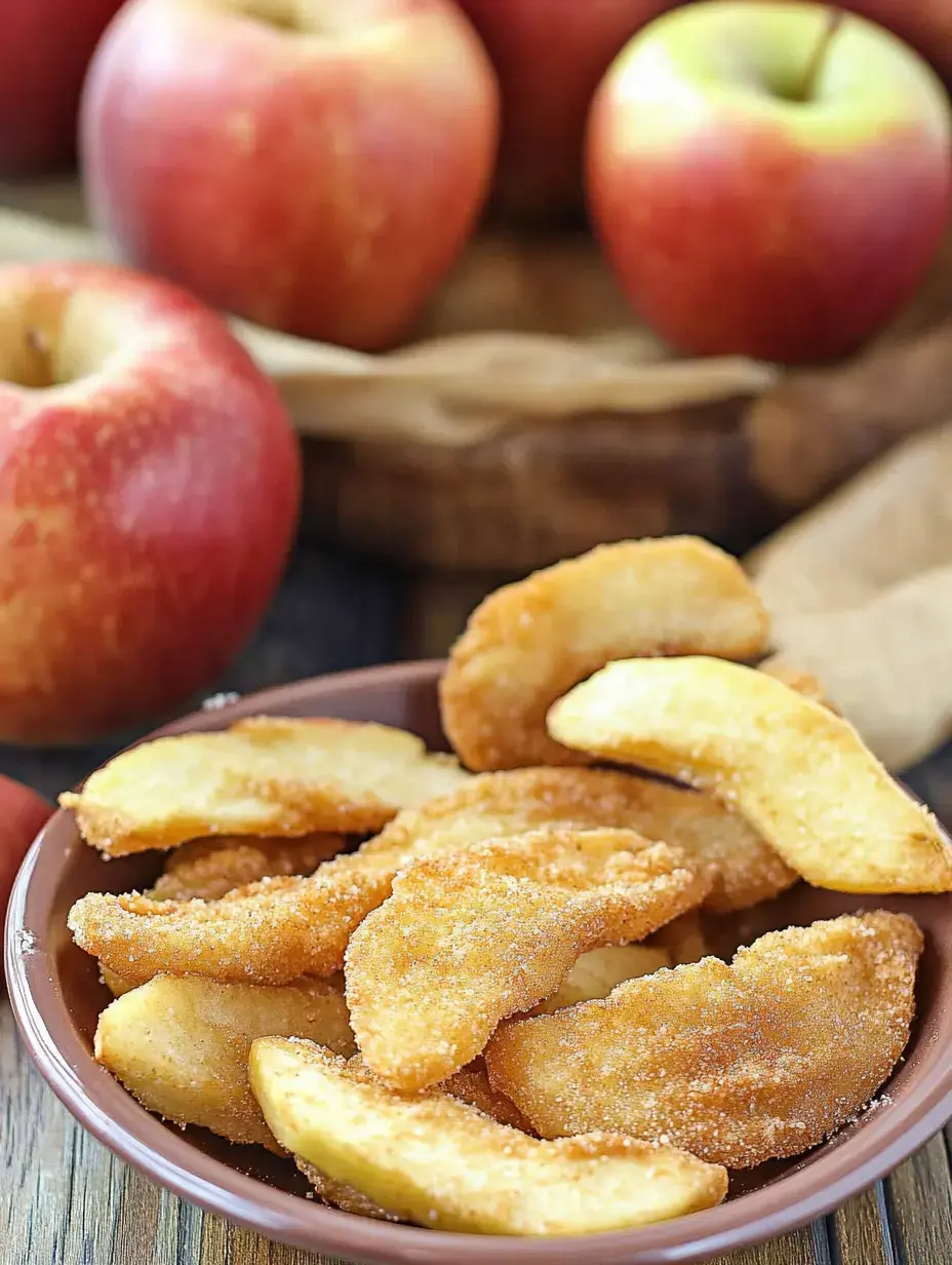 A bowl of fried apple slices coated in sugar, with whole red apples in the background.